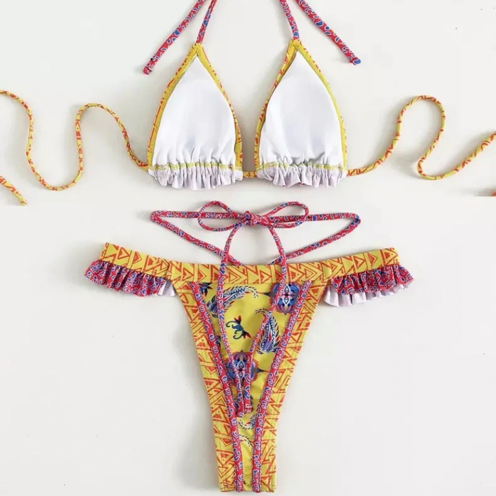 Yellow Bohemian Paisley Colorful Abstract Triangle Two Piece Bikini Swimsuit - Picture 4 of 5
